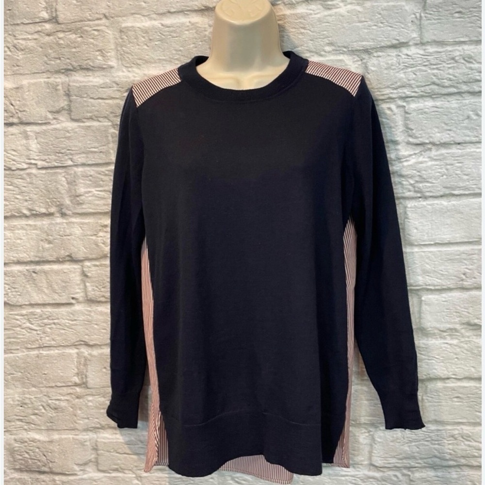 Classic Preppy J. Crew Mixed Media Black Wool Blend Red Stripe Sweater Sz Medium